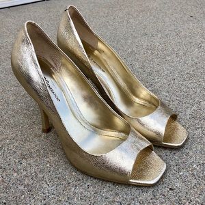 BCBGeneration Gold Stiletto open toe heels